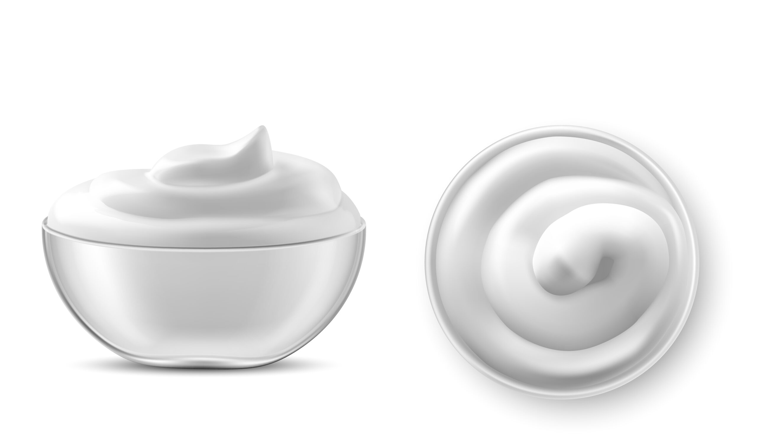 Bowl with sauce, cream, mayonnaise or yogurt. Glass cup with fresh dairy product, creamy cheese, sour or sweet mousse with swirl isolated on white background, realistic 3d vector illustration